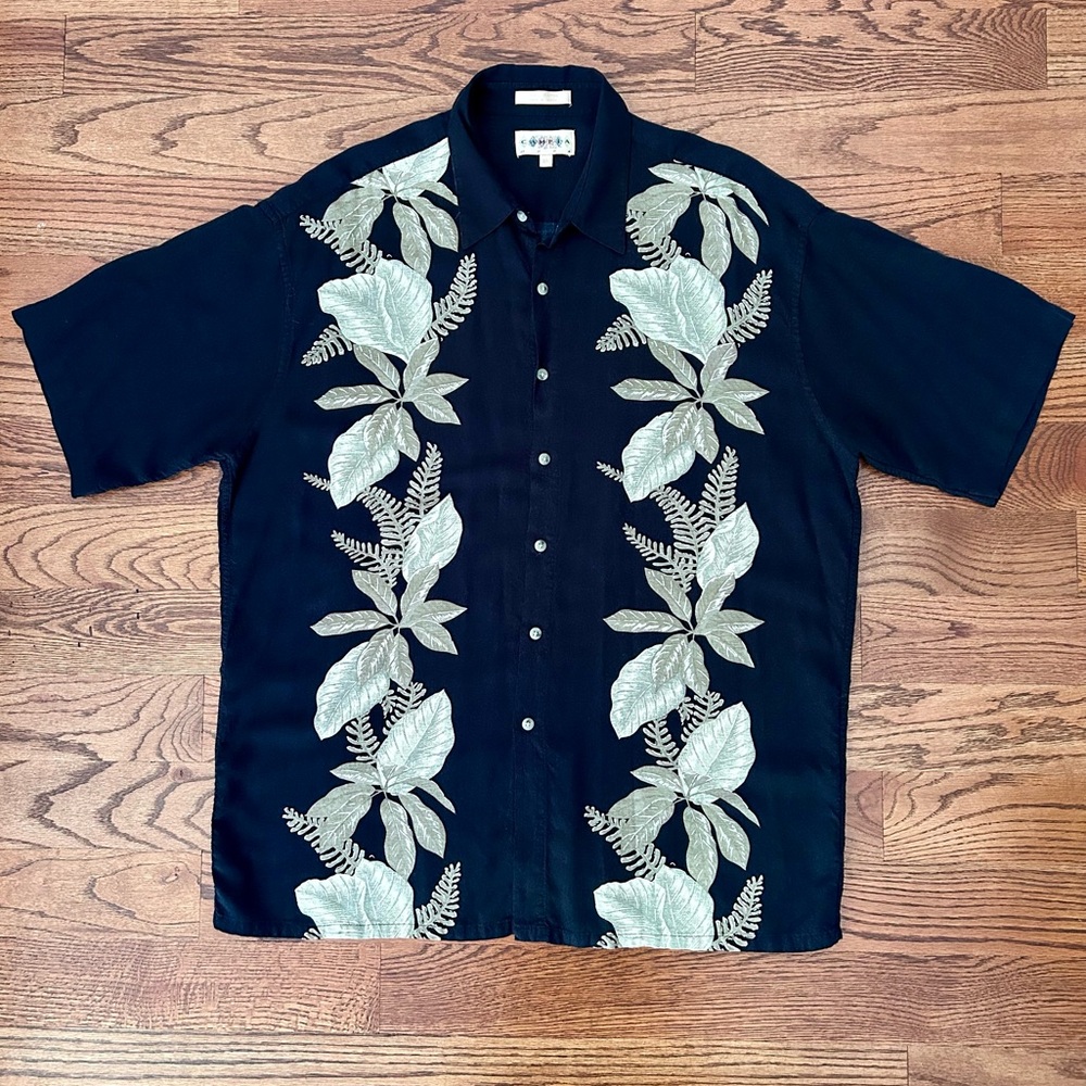 Campia Moda Hawaiian Leaves Black/Light Olive Green Men's Rayon Shirt